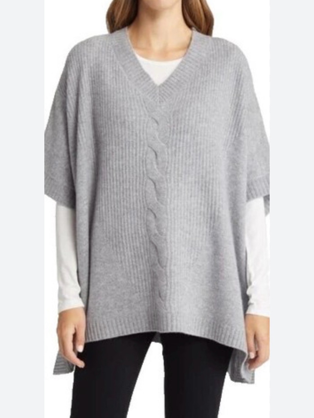 Nordstrom V-Neck Cable Oversized Sweater Poncho Wool Cashmere Quiet Luxury